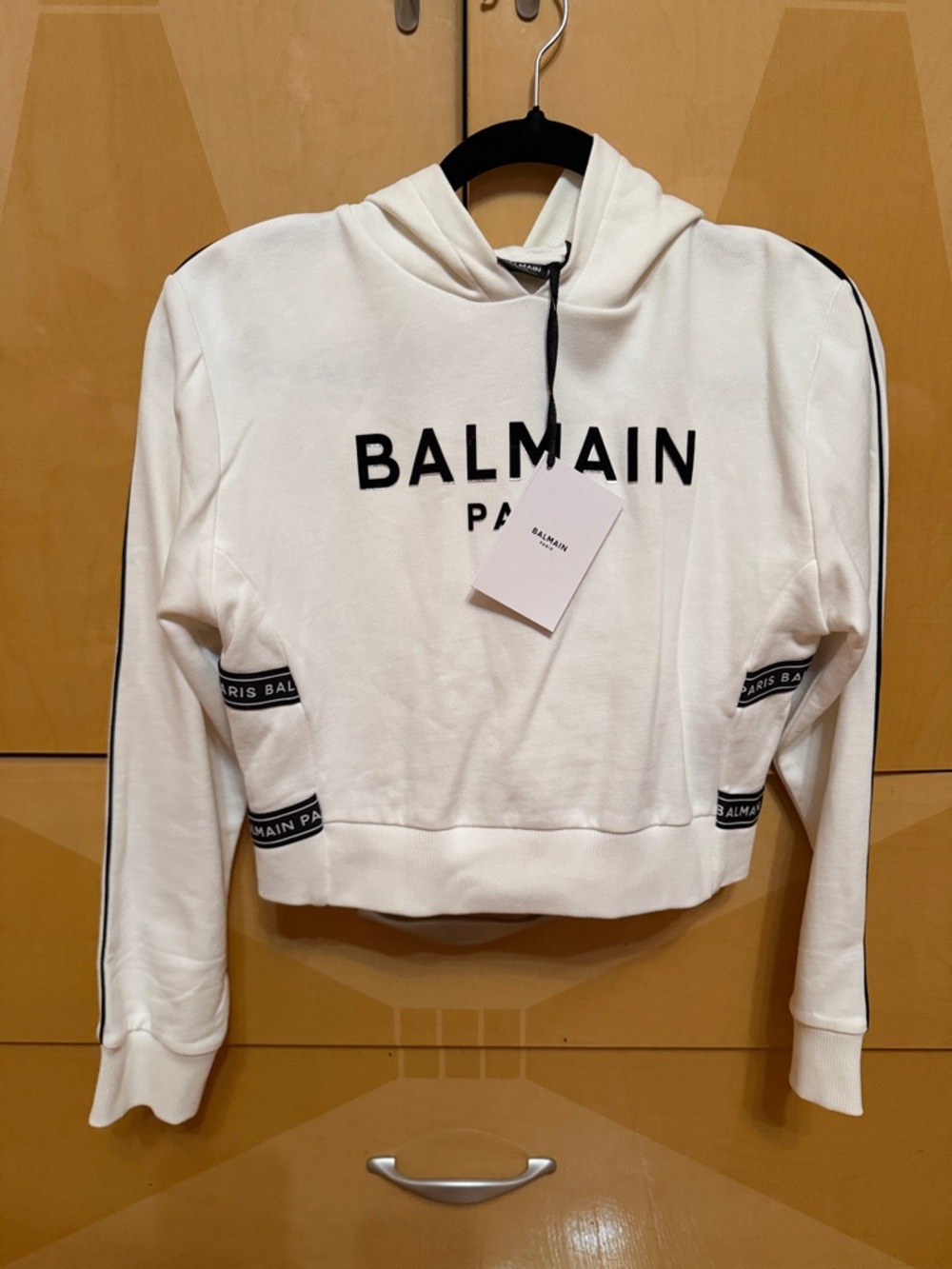 Balmain White Cropped Hoodie with Black Logo and Trim